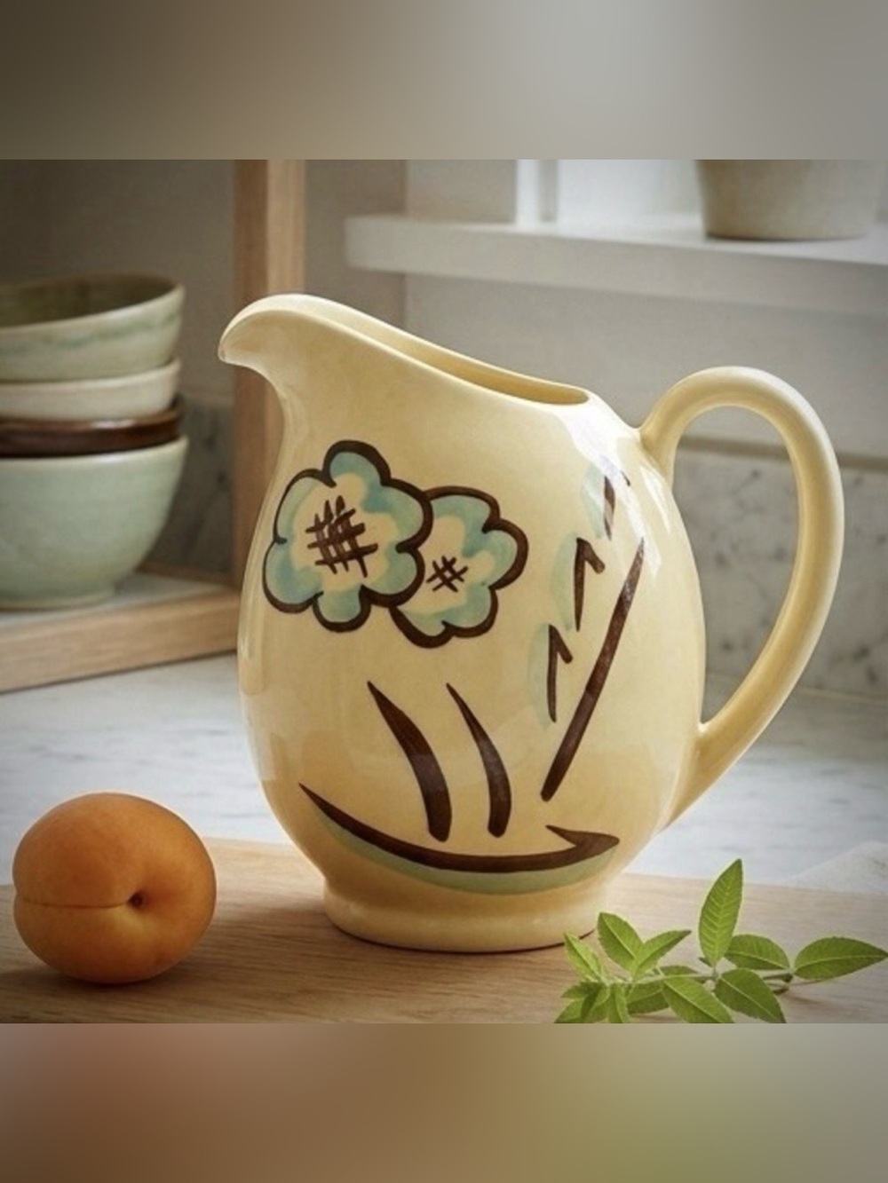 Vintage SHAWNEE Pottery Creamer Pitcher #35 Yellow Brown Blue Floral 6" USA